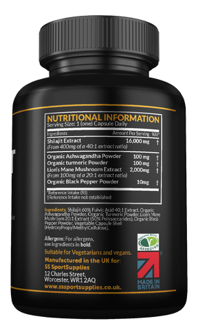 Pure Shilajit Capsules 16,000mg -120 Days Supply - 60% Fulvic Acid (from 400mg 40:1 extract ratio) - Added Ashwagandha, Turmeric, Lions Mane and Black Pepper - High Strength Himilayan Shalajit Resin