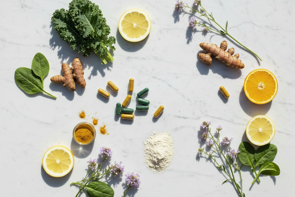 Assorted health supplements and ingredients on a light surface with herbs and flowers.