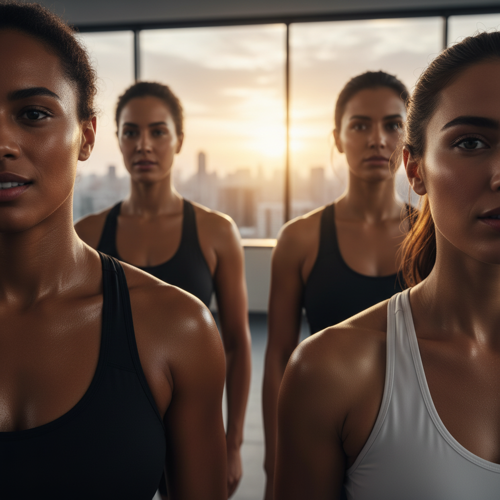 Four women in athletic wear standing in a line with a cityscape in the background
