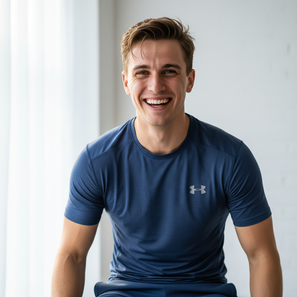 Man wearing a blue Under Armour shirt sitting against a light background