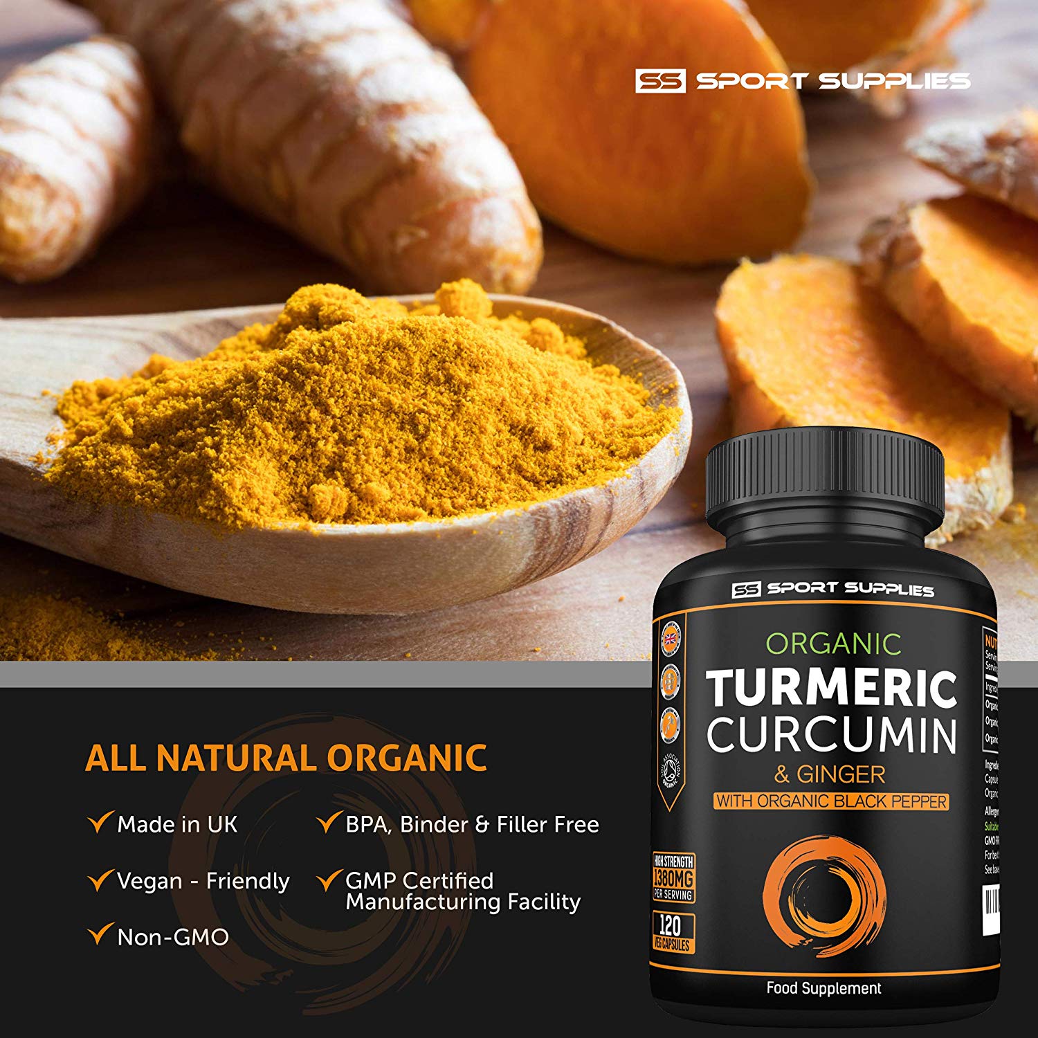 Organic Turmeric Capsules with Ginger and Black pepper - 120 Capsules