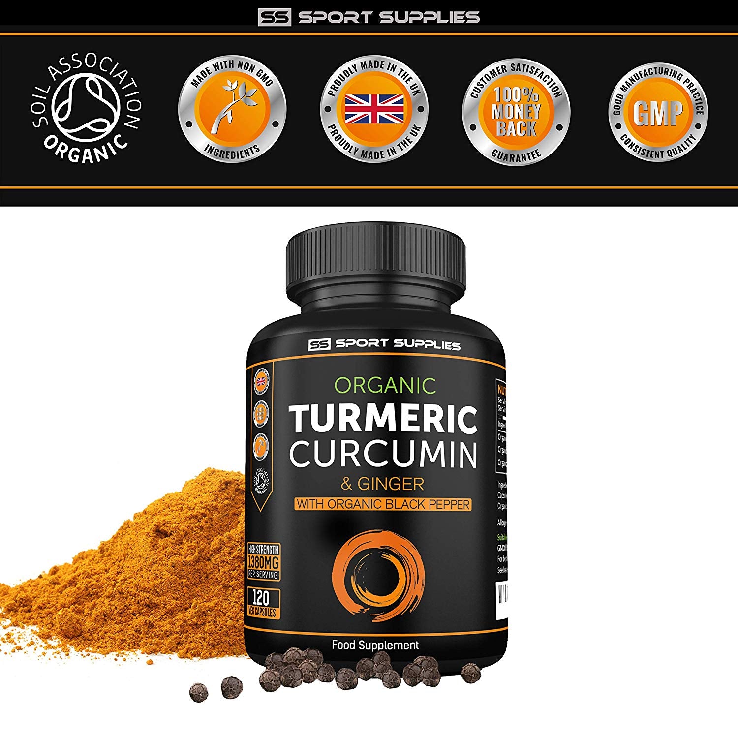 Organic Turmeric Capsules with Ginger and Black pepper - 120 Capsules