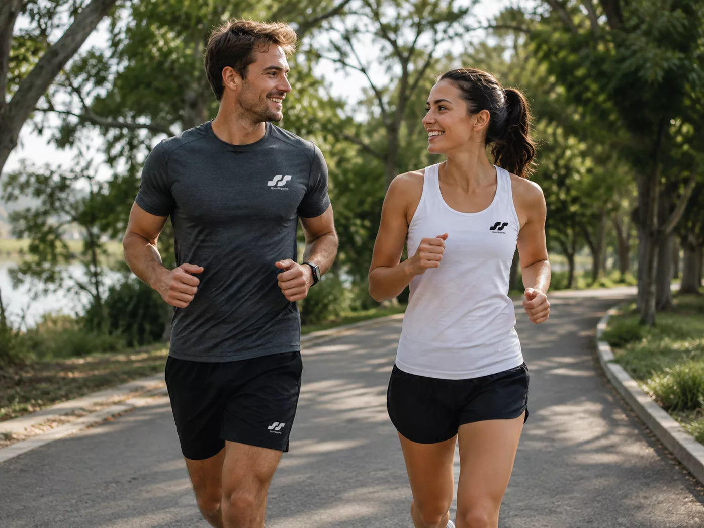 Two runners in SportSupplies kit on a tree-lined path